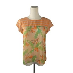 Collective Concepts Orange Striped Floral Sheer Short Sleeve Top XS